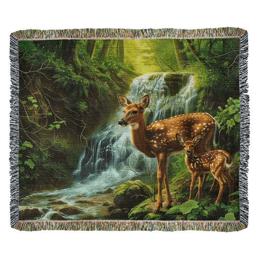 Doe and Fawn by the Waterfall Heirloom Woven Blanket
