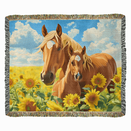 Mare and Foal in Sunflower Field Heirloom Woven Blanket