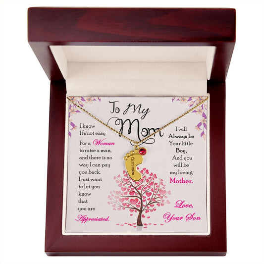 To My Loving Mom from Son - Custom Baby Foot Necklace with Birthstone