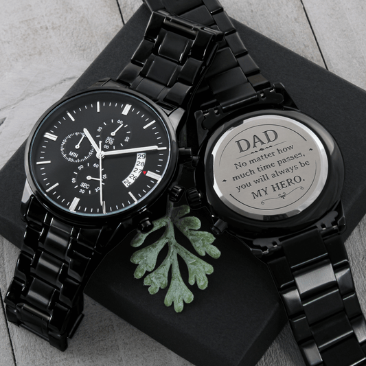 My Hero Engraved Black Chronograph Watch for Dad