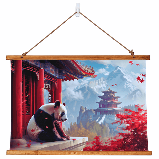 Panda Pagoda Wood Framed Wall Tapestry