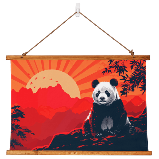 Panda Sunrise Wood Framed Wall Tapestry