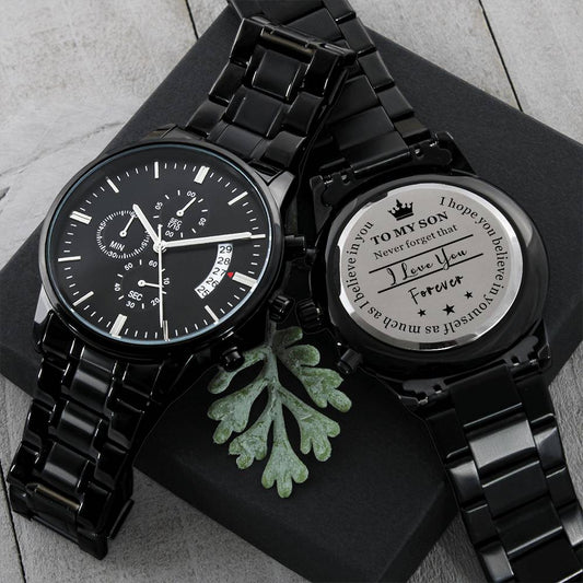 To My Son - Never Forget - Engraved Black Chronograph Watch