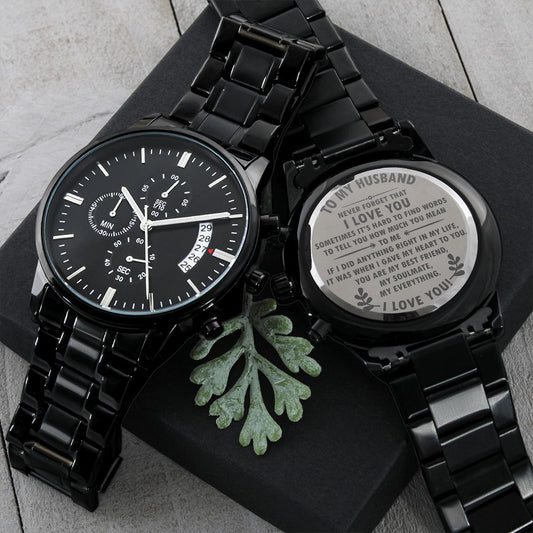 Gift for Husband - Never Forget - Engraved Black Chronograph Watch