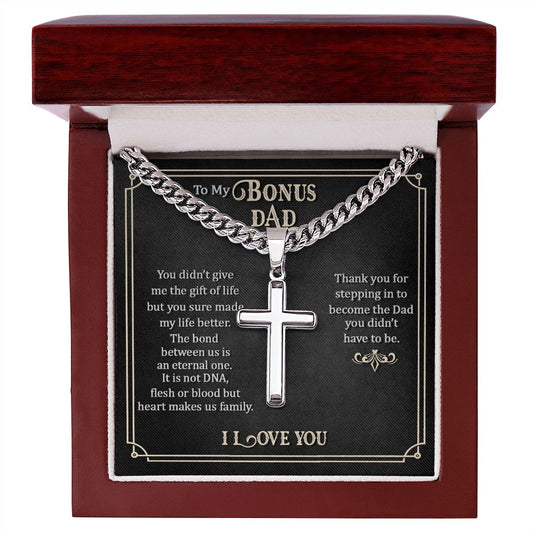 To My Bonus Dad - Eternal Bond - Personalized Cross on Cuban Link Chain