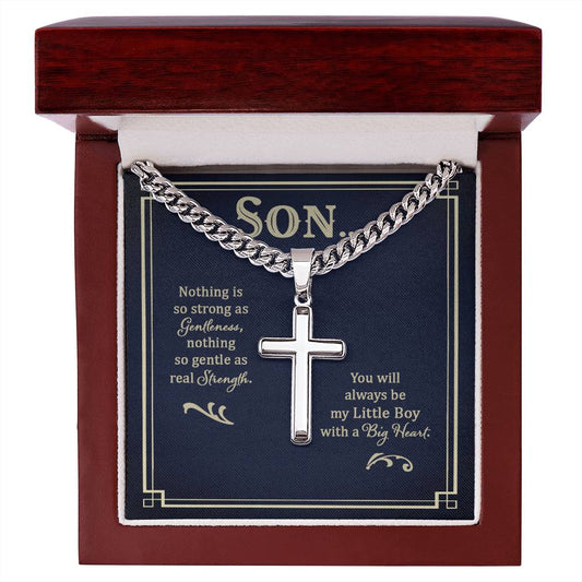 Gift for Son - Real Strength - Personalized Cross Necklace on Cuban Chain