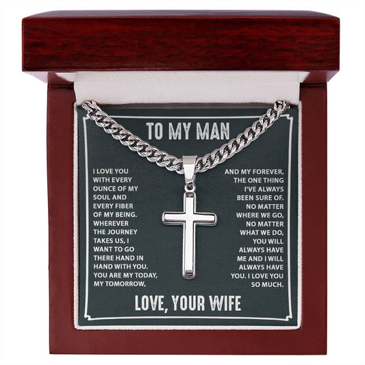 To My Man - Hand In Hand - Personalized Cross Necklace on Cuban Chain