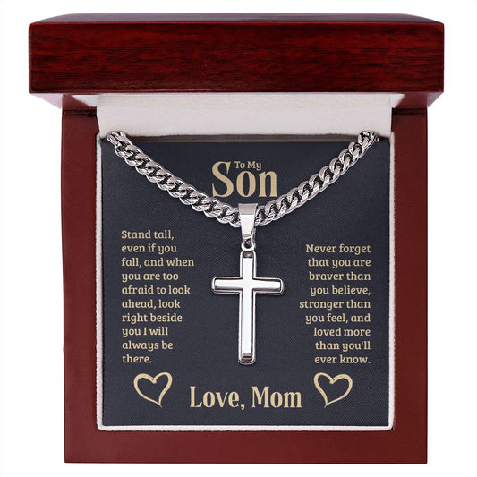 Gift for Son from Mom - Stand Tall - Personalized Cross on Cuban Chain