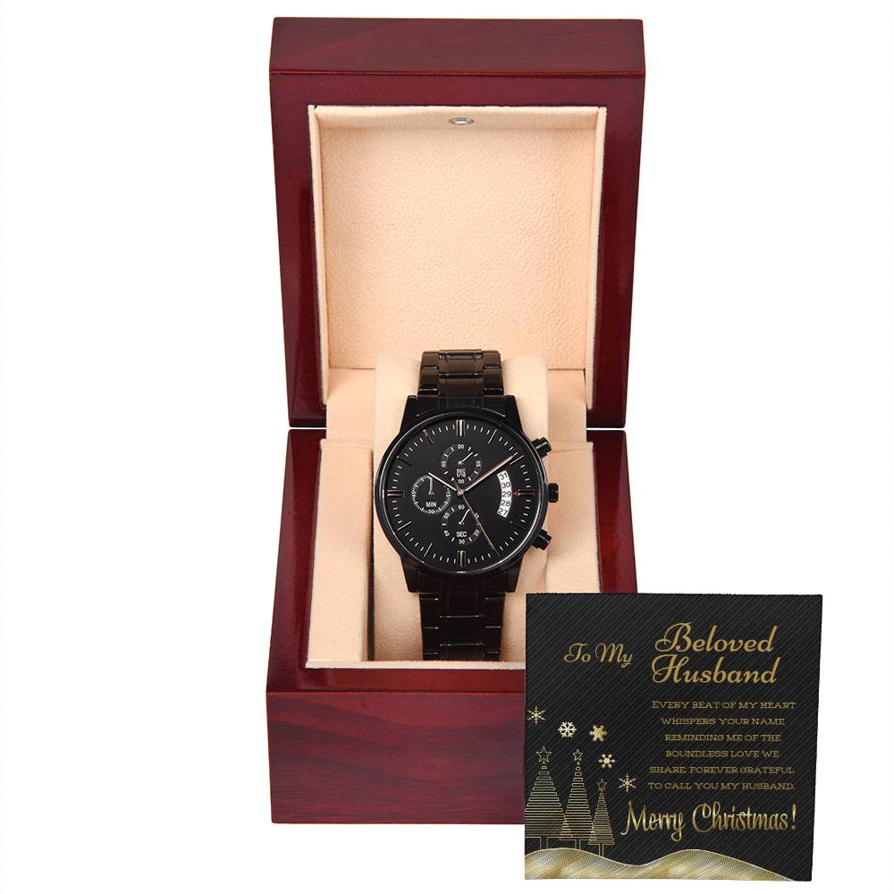 Merry Christmas To My Beloved Husband - Black Chronograph Watch