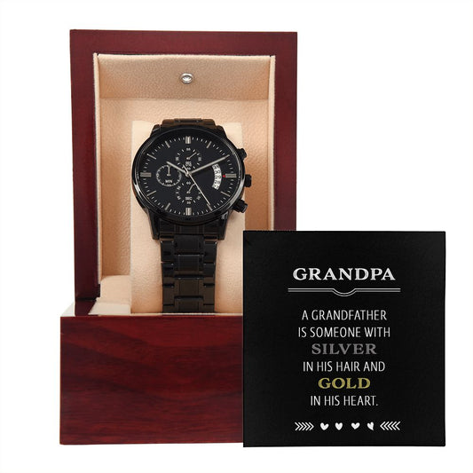 Gift for Grandpa - Gold in His Heart - Black Chronograph Watch