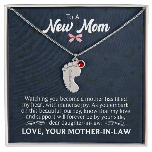 To a New Mom from Mother-in-Law - Custom Baby Foot Necklace with Birthstone