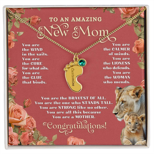 To An Amazing New Mom - Custom Baby Foot Necklace with Birthstone