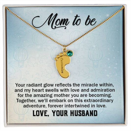 Mom to Be from Husband - Custom Baby Foot Necklace with Birthstone