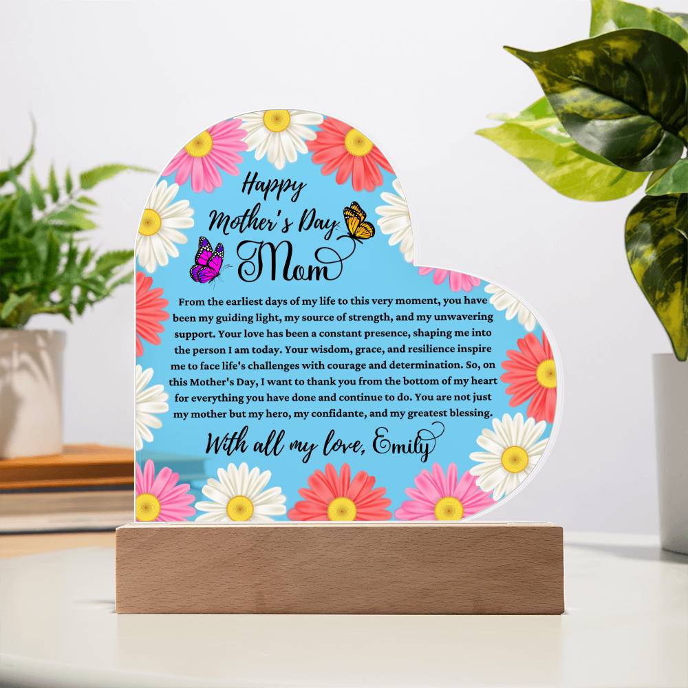 Happy Mother's Day Mom Sky Blue Acrylic Heart Plaque